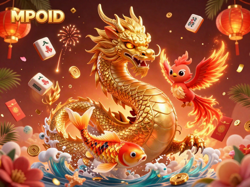 Experience excitement on MPOID with a dynamic illustration featuring a golden dragon, a phoenix, and countless gaming symbols.