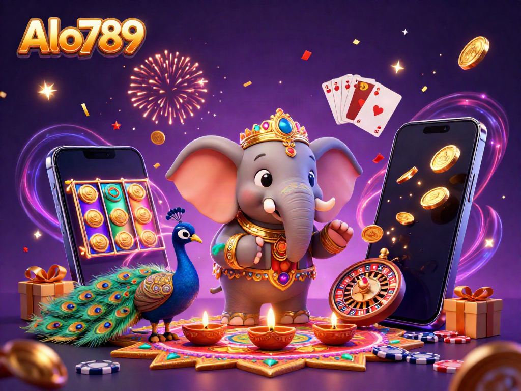 Alo789 showcases vibrant celebrations with a Diwali-themed elephant in a dynamic casino scene filled with gaming excitement.