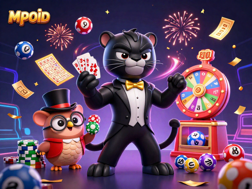 MPOID showcases an exciting casino scene with a black panther dealer, a wise owl, and a lucky mouse surrounded by lottery elements for an engaging atmosphere.