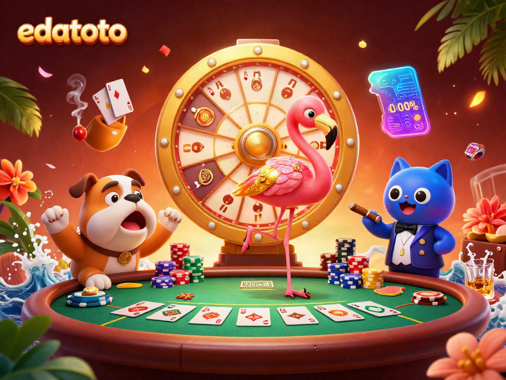 Experience the excitement at edatoto with a vibrant scene featuring a flamingo host, a bulldog contestant, and a scoreboard cat revealing prizes.