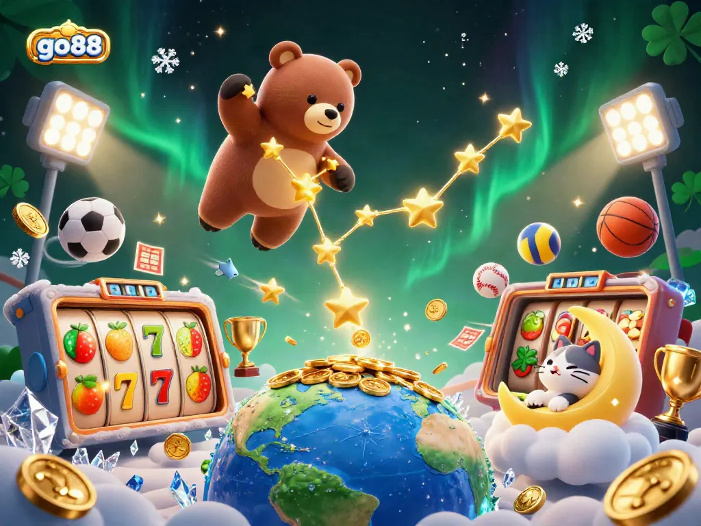 Experience vibrant gameplay with go88's dynamic slot reels and fortune-bearing constellation bear in a lively casino scene.