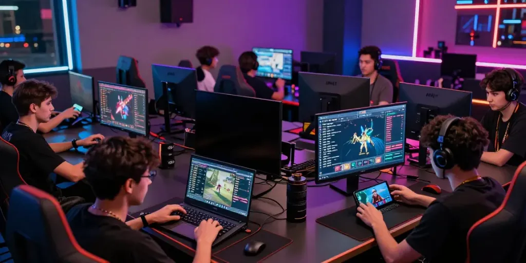 Men enjoying competitive gaming at Manclub, showcasing a modern gaming lounge atmosphere.