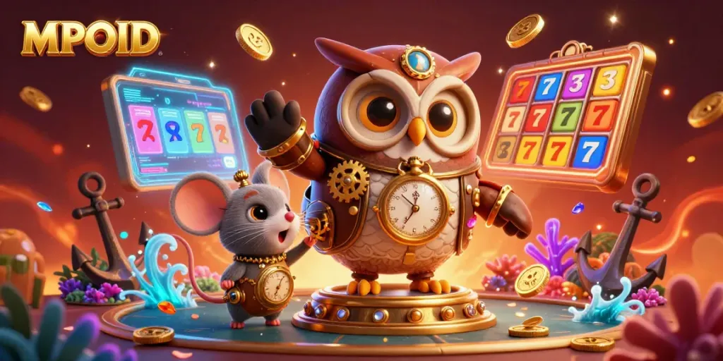 MPOID slot casino illustration featuring a steampunk owl and gold coins