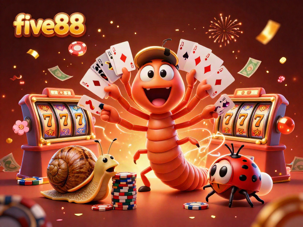 Experience the excitement of five88 with a vibrant digital illustration of a lively casino scene featuring animated characters and festive elements.