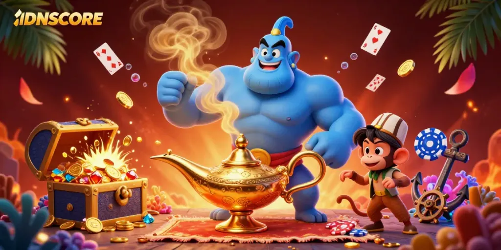 IDNSCORE showcases a magical betting scene with a genie and poker chips, creating winning excitement.