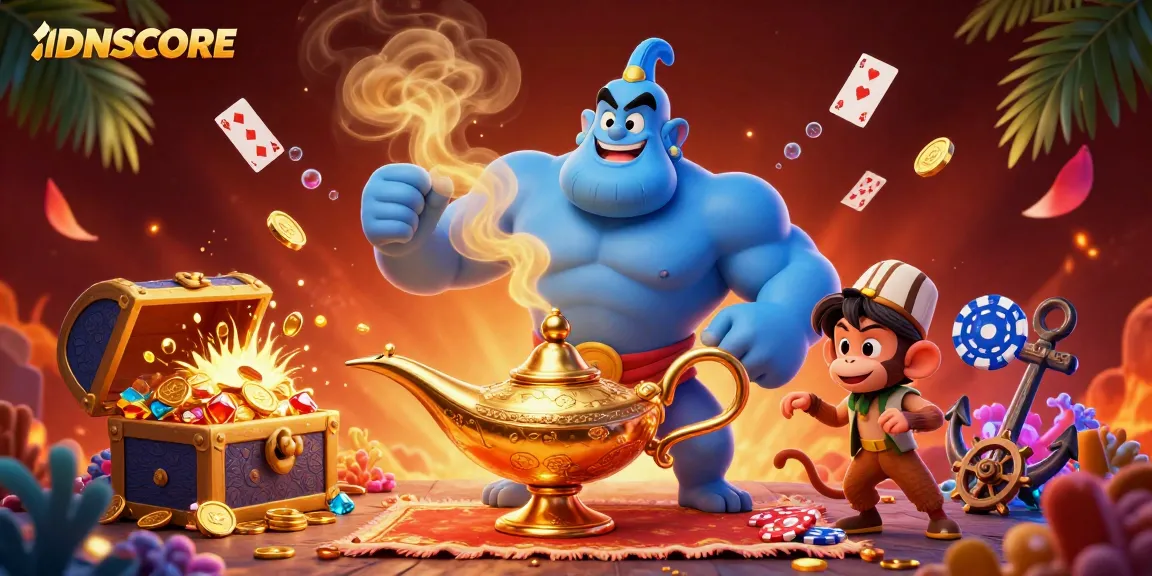 IDNSCORE showcases a magical betting scene with a genie and poker chips, creating winning excitement.