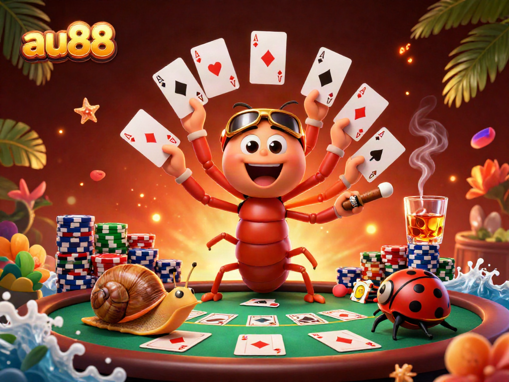 Engage with au88's vibrant casino atmosphere featuring a lively millipede dealer and high-roller snail.