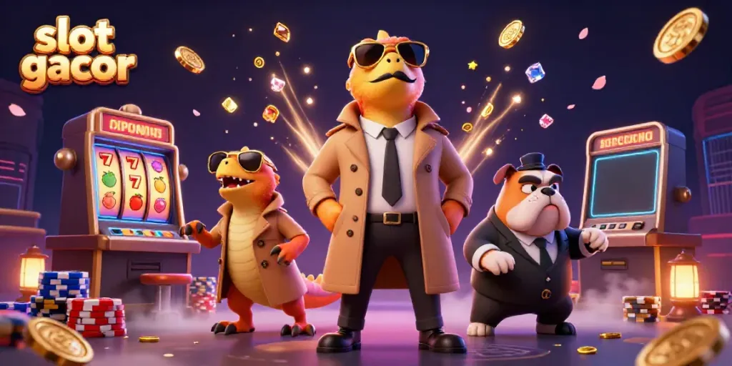 Ruang VIP kasino dengan permainan slot gacor, tiga raptor dalam jas, dan bulldog pengawal.