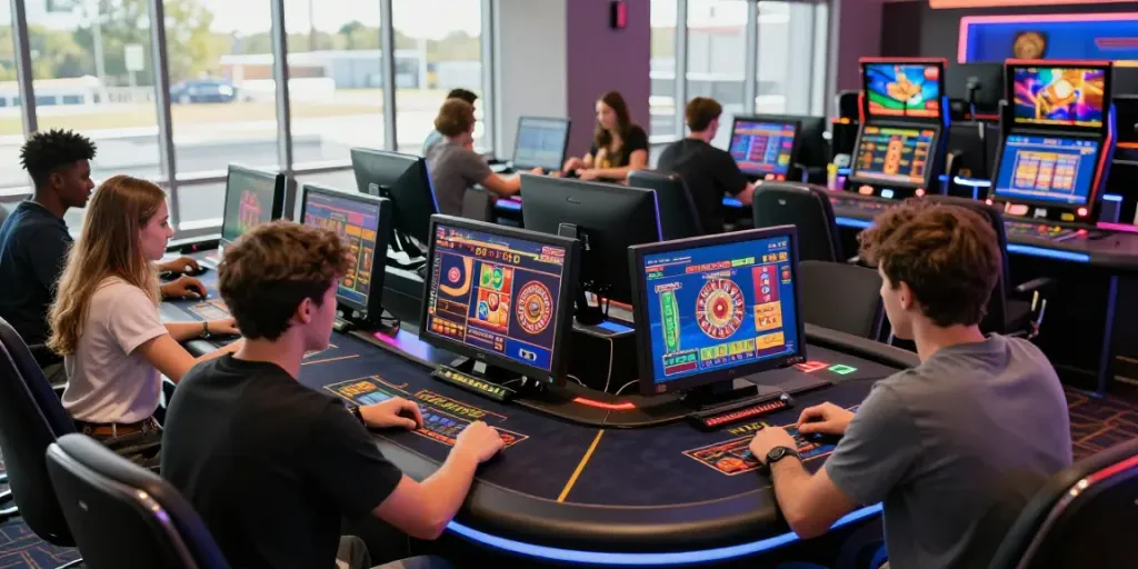 Players enjoying games at amex casinos in a vibrant online casino atmosphere.