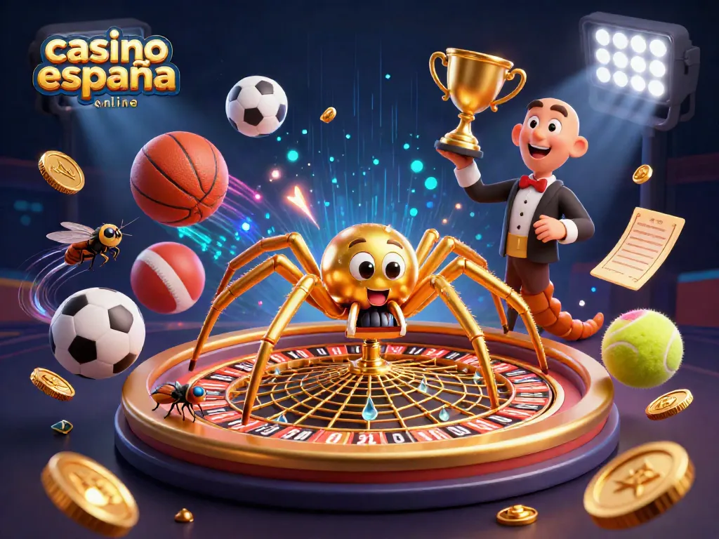 Disfruta del juego en casino españa online con ilustración vibrante de una araña dorada en un entorno de casino.