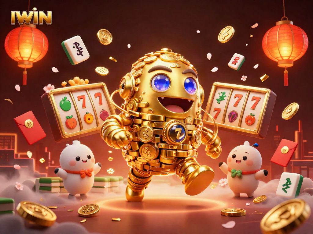 IWIN slots scene with a golden golem, vibrant game elements, and festive decorations.