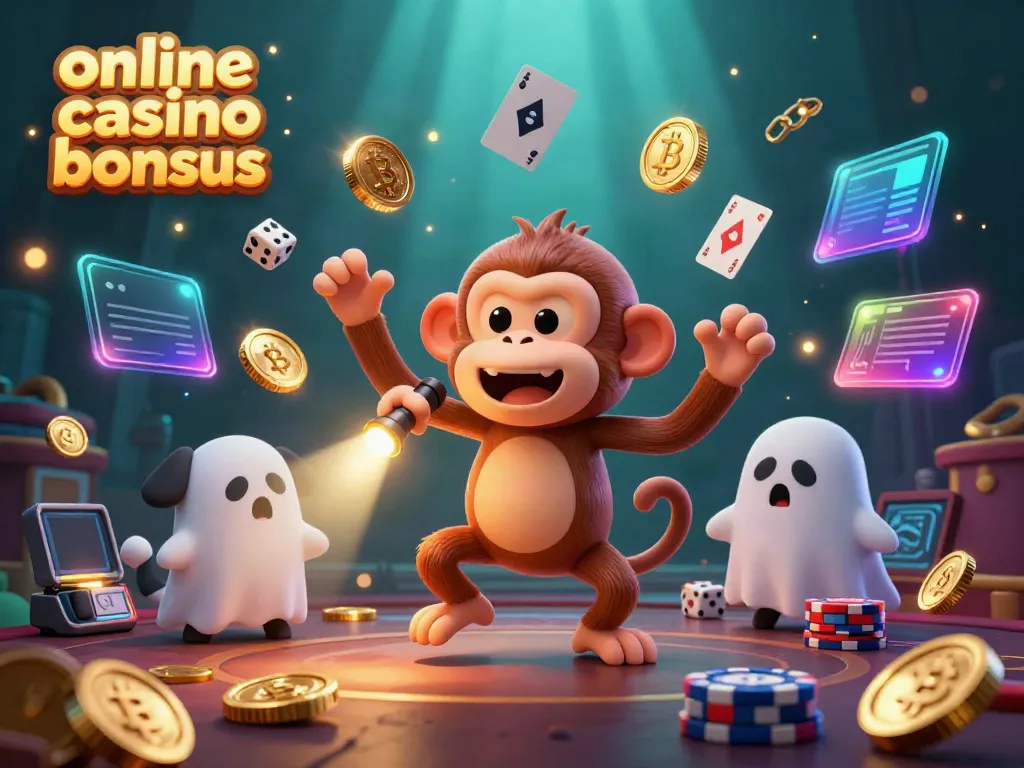 Engage with exciting online casino bonuses while a poltergeist monkey juggles golden items in a haunted casino.