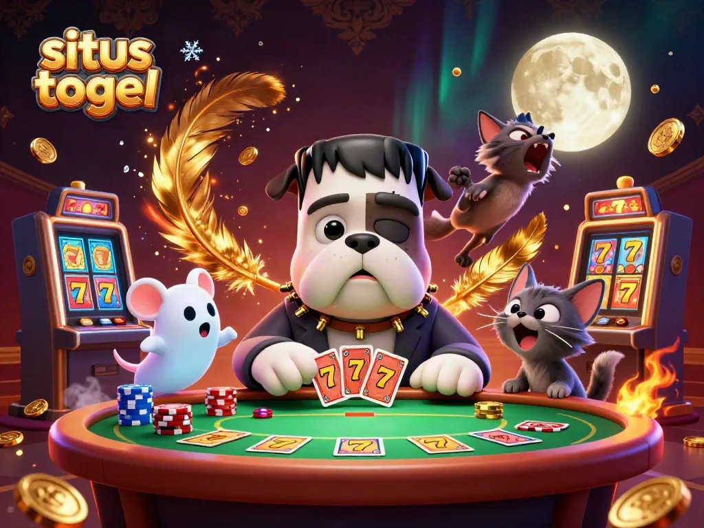 Engaging scene of situs togel strategies with an animated Frankenstein bulldog and a werewolf kitten in a casino atmosphere.