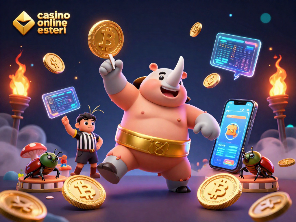 Giocando ai casino online esteri, un scarabeo rinoceronte campione sumo emette monete dorate mentre i piccoli spettatori applaudono.