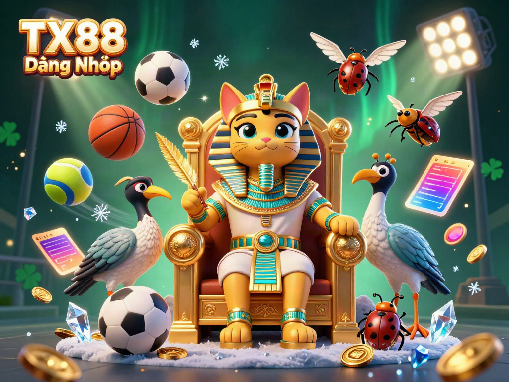 Engage in TX88 Đăng Nhập with dynamic sports betting elements featuring a pharaoh cat and ibis scribe in a vibrant scene.