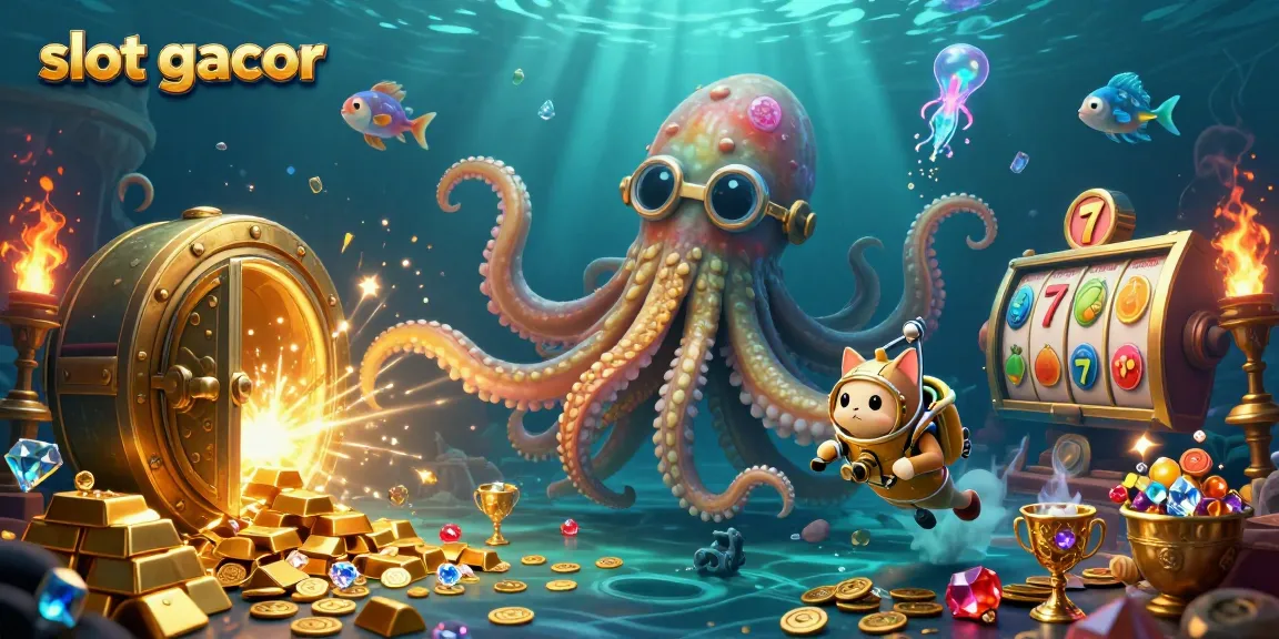 Engage with vibrant casino excitement in this slot gacor-themed 3D scene featuring a kraken, diving cat, and treasure.