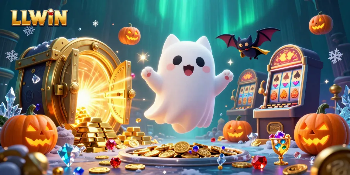 Experience the lively LLWIN casino with a ghost cat, vampire bat, and glowing treasures.
