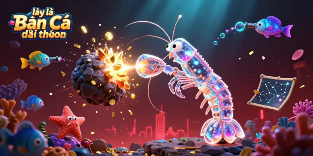 Engage in dynamic gameplay with lại là Bắn cá đổi thưởng as colorful fish and vibrant coral enhance this neon aquatic scene.