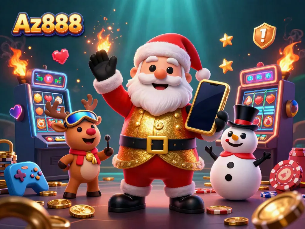 Experience thrilling jackpots with Az888 in a vibrant digital casino scene featuring a festive Santa Claus.