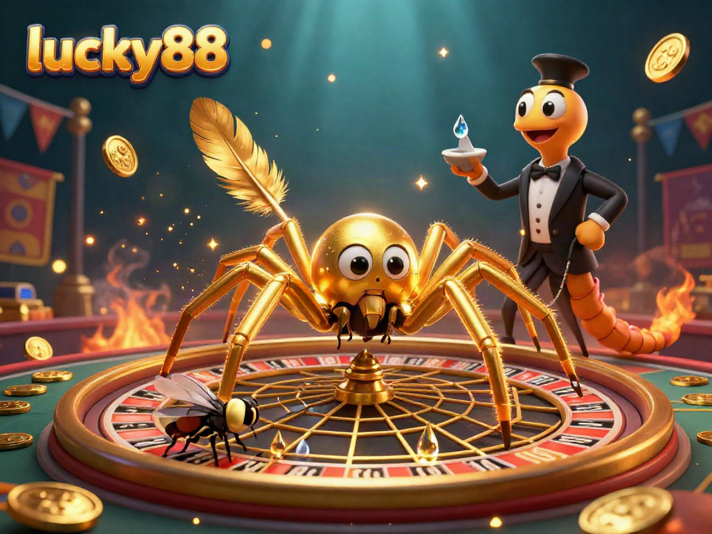 Experience thrilling fun at lucky88 with a vibrant 3D scene depicting a golden spider and centipede at a glamorous roulette and sports arena