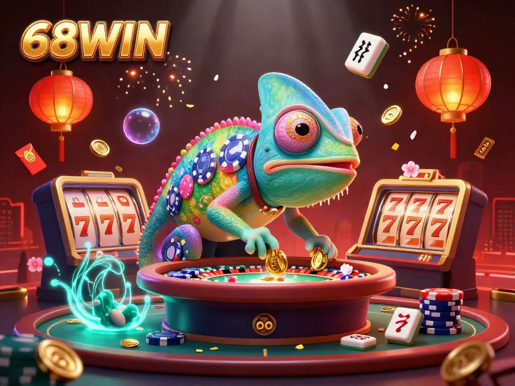 Catch the excitement at 68WIN with a vibrant chameleon casino scene full of slot machines and festive decorations.