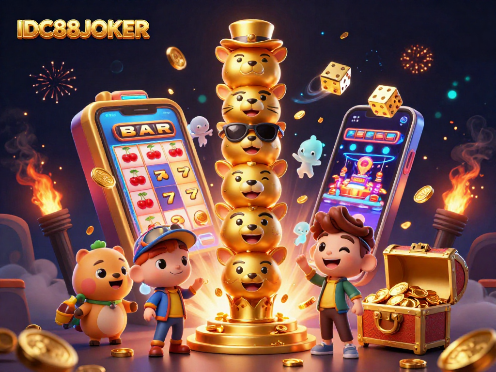 Experience the excitement of IDC88JOKER with a dynamic 3D casino illustration featuring vibrant game elements.