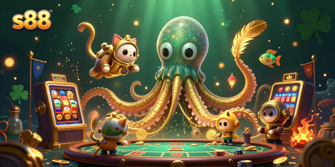 Experience thrilling casino action with s88, featuring a colossal golden kraken, diving cat, and vibrant game elements