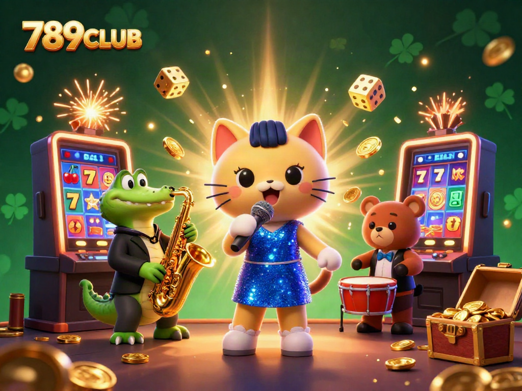 Engage in the excitement of 789CLUB with lively characters and dynamic casino elements in this vibrant illustration.