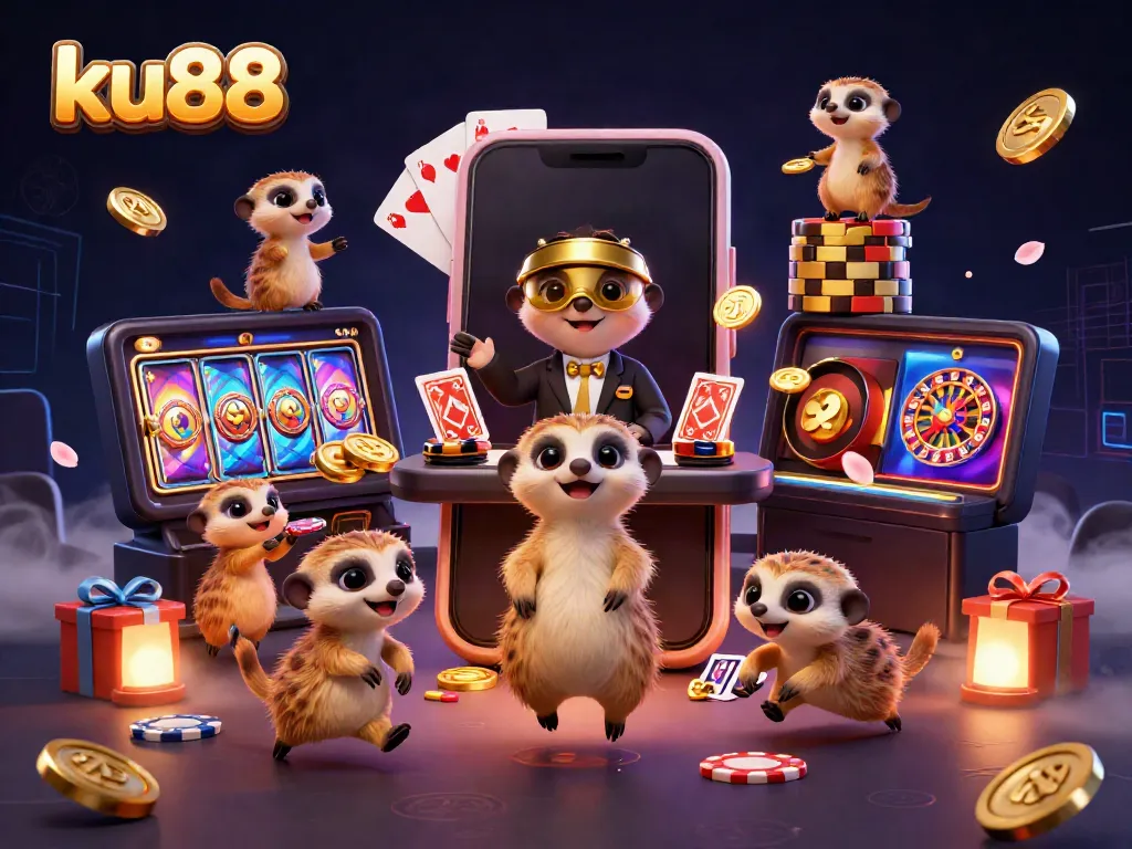 Experience the vibrant action at ku88 with meerkats managing a lively casino operation, surrounded by colorful gaming elements.