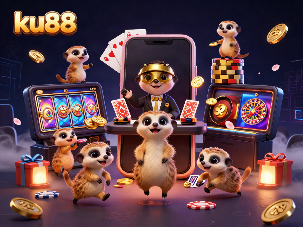 Experience the vibrant action at ku88 with meerkats managing a lively casino operation, surrounded by colorful gaming elements.