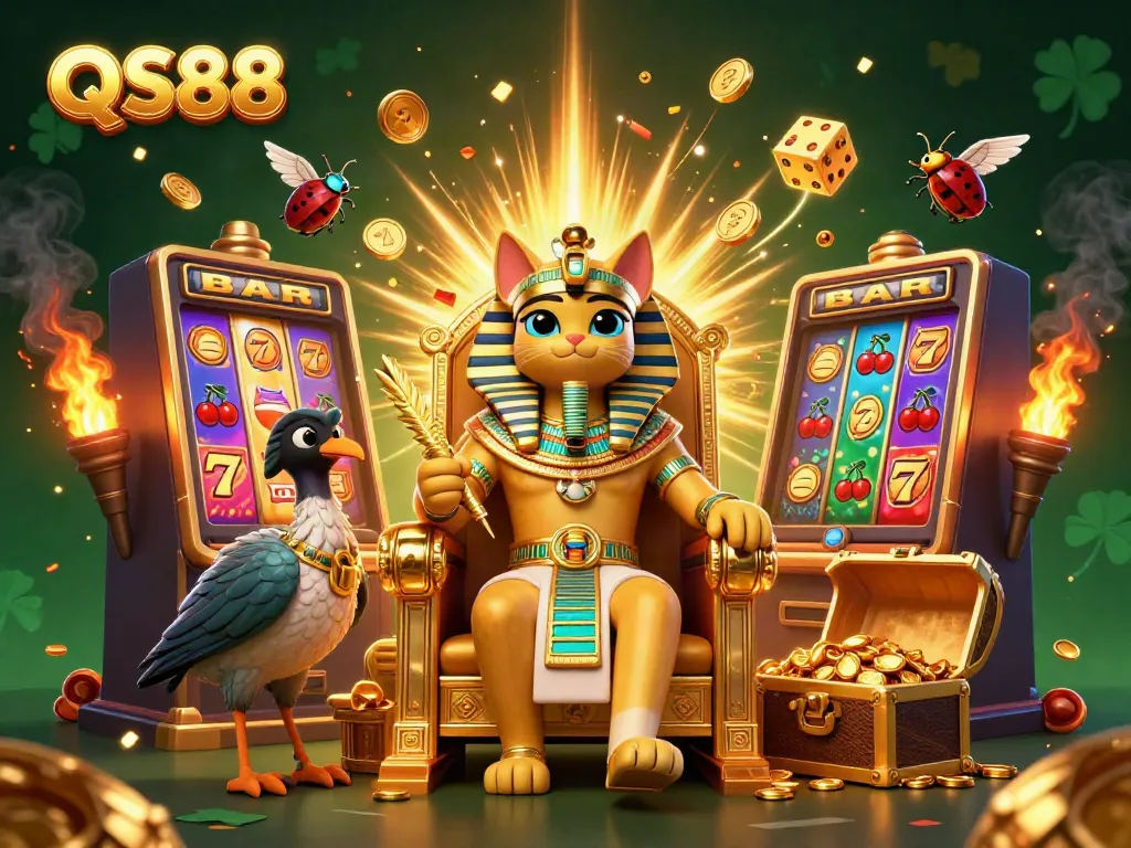 Jump into thrilling action with QS88 as a cartoon pharaoh cat and ibis companion unveil jackpot-winning moments in a vibrant casino scene.