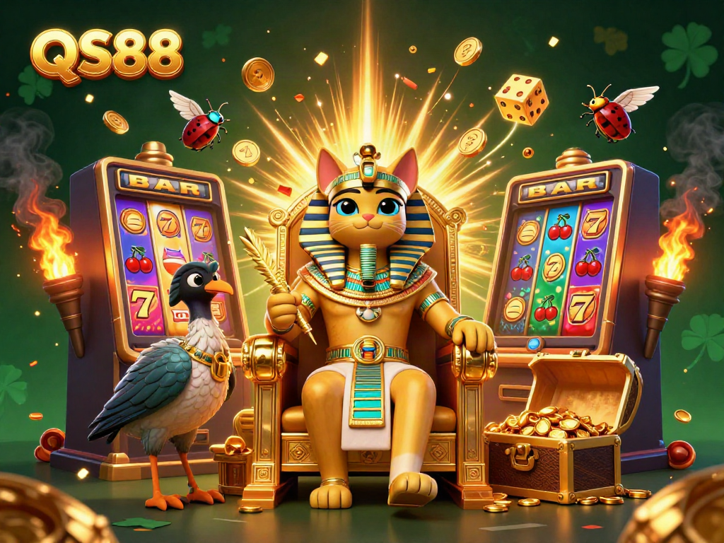 Jump into thrilling action with QS88 as a cartoon pharaoh cat and ibis companion unveil jackpot-winning moments in a vibrant casino scene.