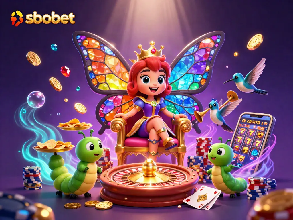 Experience sbobet gaming with a dynamic 3D scene of a butterfly queen amidst sparkling casino elements.