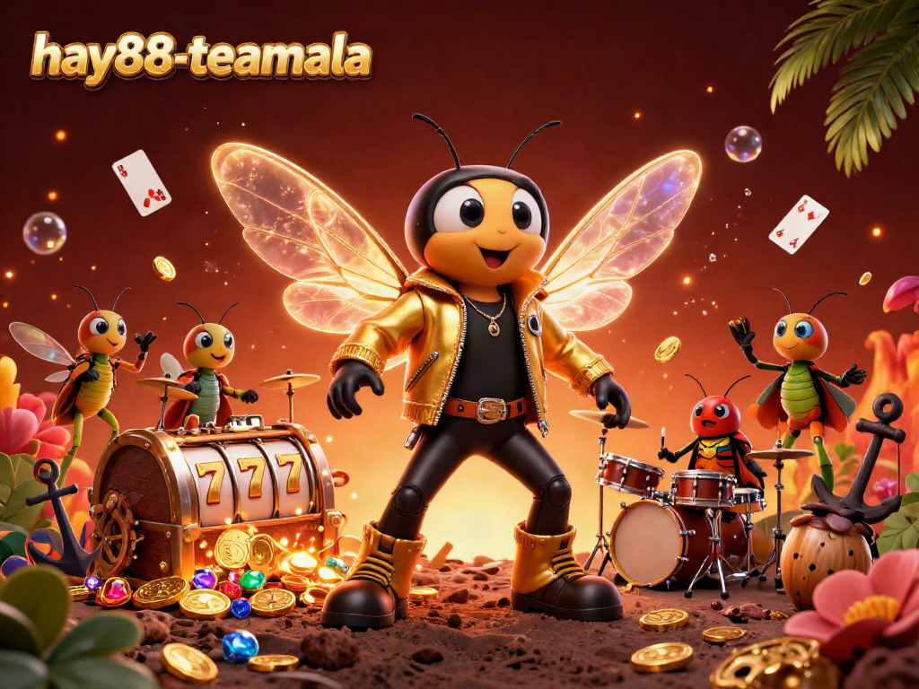 Experience the excitement of hay88-teamala in a vibrant casino scene with a rock star cicada and dynamic game elements.