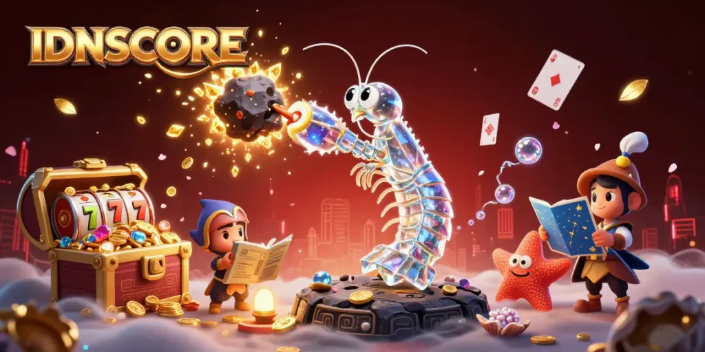 IDNSCORE platform showcasing a vibrant 3D collision of galactic samurai mantis shrimp with an asteroid, bursting into riches.