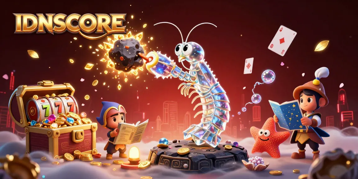 IDNSCORE platform showcasing a vibrant 3D collision of galactic samurai mantis shrimp with an asteroid, bursting into riches.