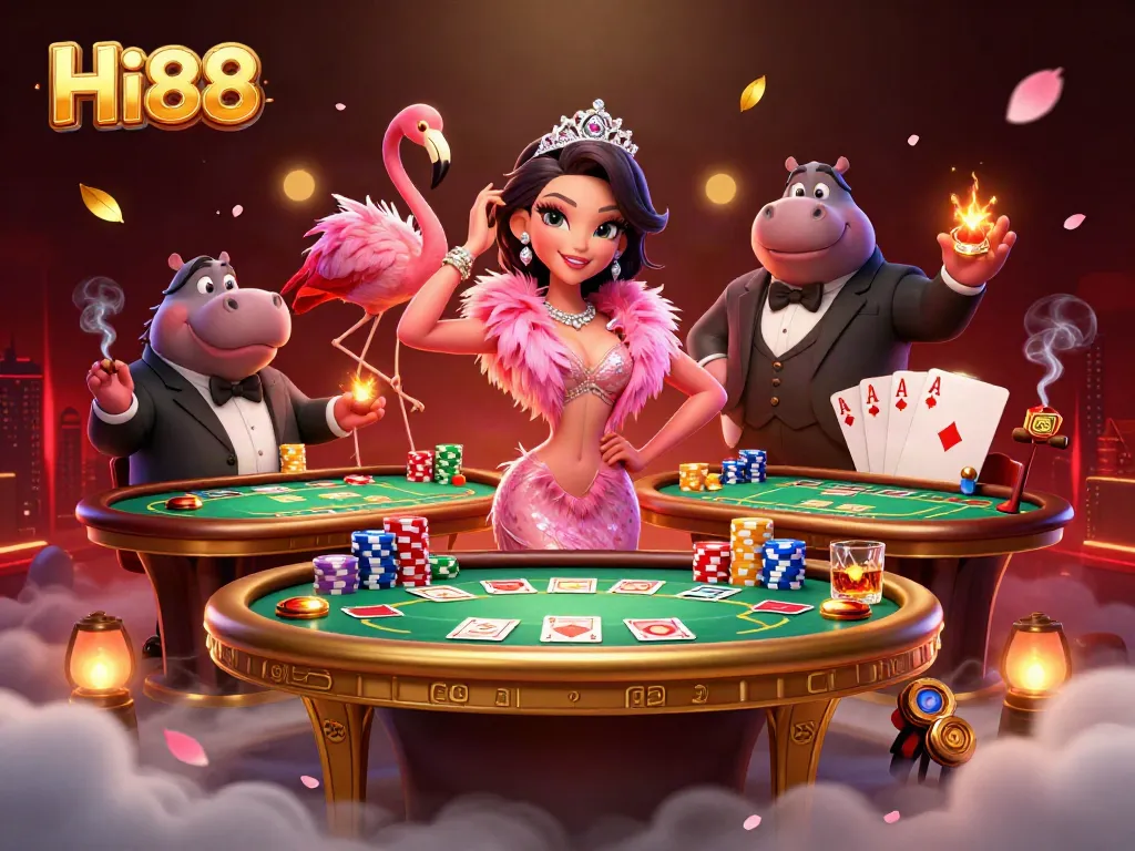 Experience the excitement at Hi88 with a vibrant casino scene featuring a flamingo singer and a hippo bassist.