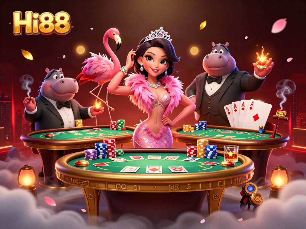 Experience the excitement at Hi88 with a vibrant casino scene featuring a flamingo singer and a hippo bassist.