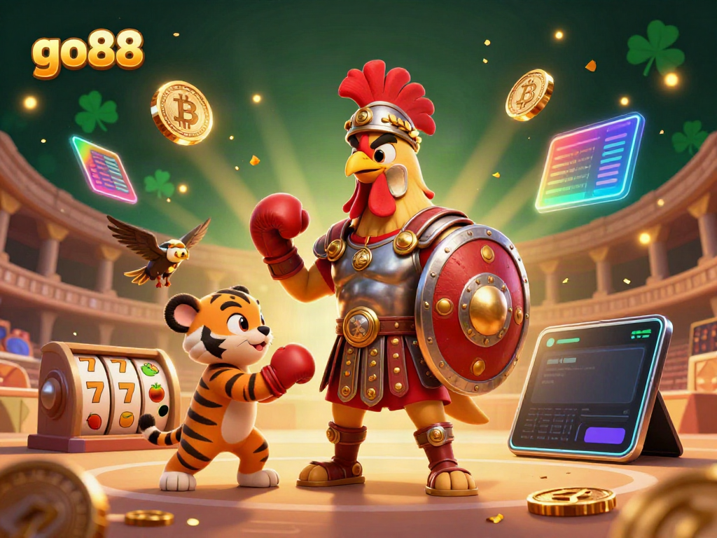 Experience the excitement of go88 with a dynamic scene featuring advanced slot symbols and crypto elements.
