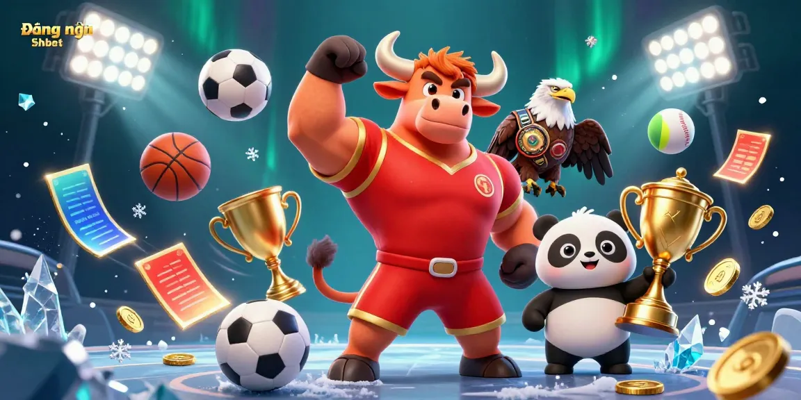 Experience the thrill of Đăng nhập Shbet with energetic casino-themed illustration of a bull, eagle, and panda.