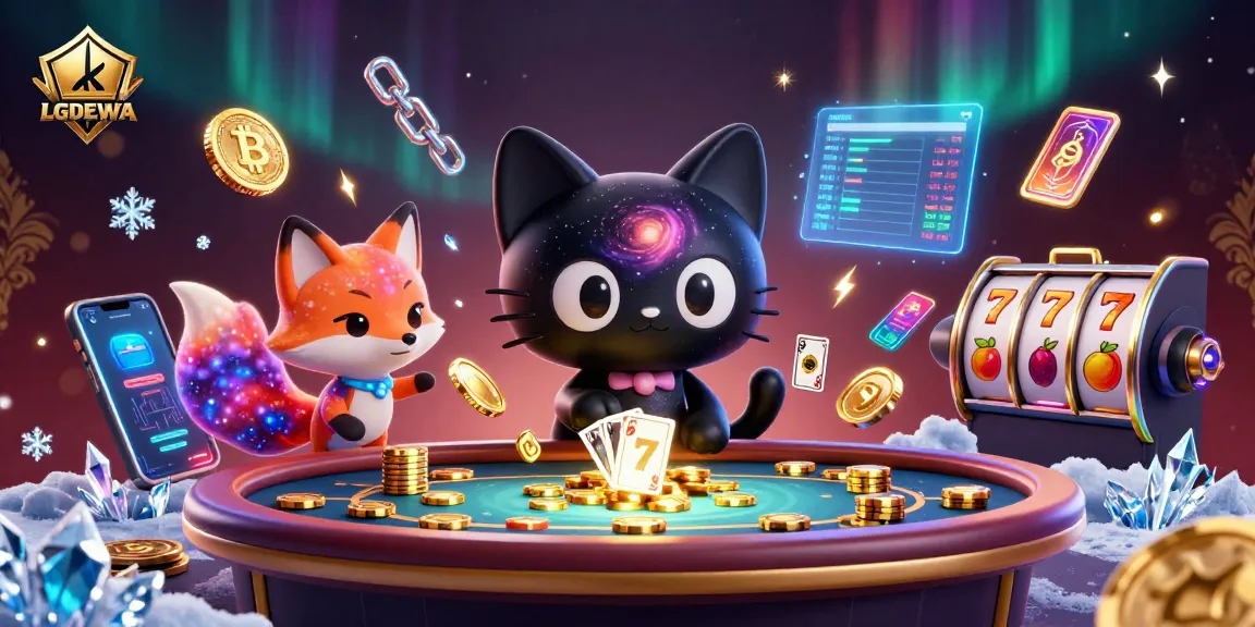 Engage in cosmic gaming with LGODEWA, featuring a black hole cat and vibrant scenes of slot gaming.