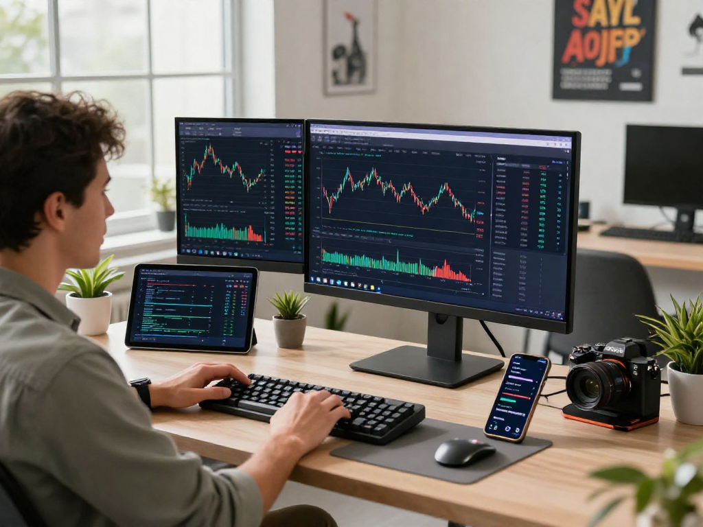 Un hombre utilizando Immediate Edge en un entorno de oficina moderna, con múltiples pantallas de análisis de criptomonedas.