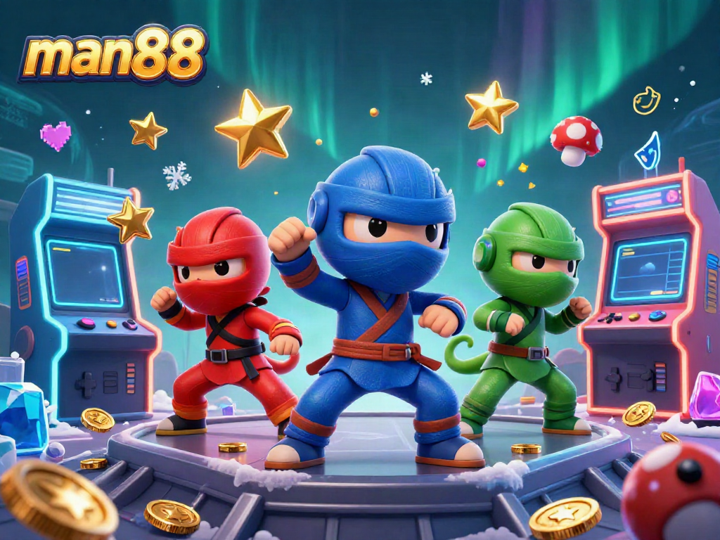 Man88 offers thrilling jackpot action with a ninja chameleon team in a vibrant casino scene filled with arcade games.
