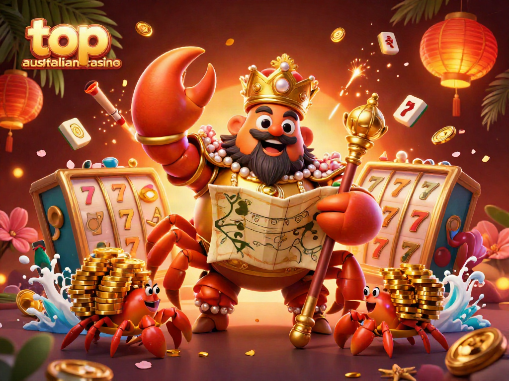 Experience the thrill at the top australian casino with a vibrant 3D illustration of an emperor crab and treasure map.