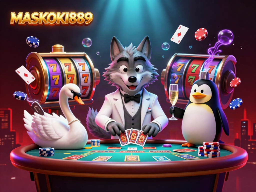 Experience thrilling wins at MASKOKI889 with an exciting casino scene featuring elegant characters and vibrant game elements.