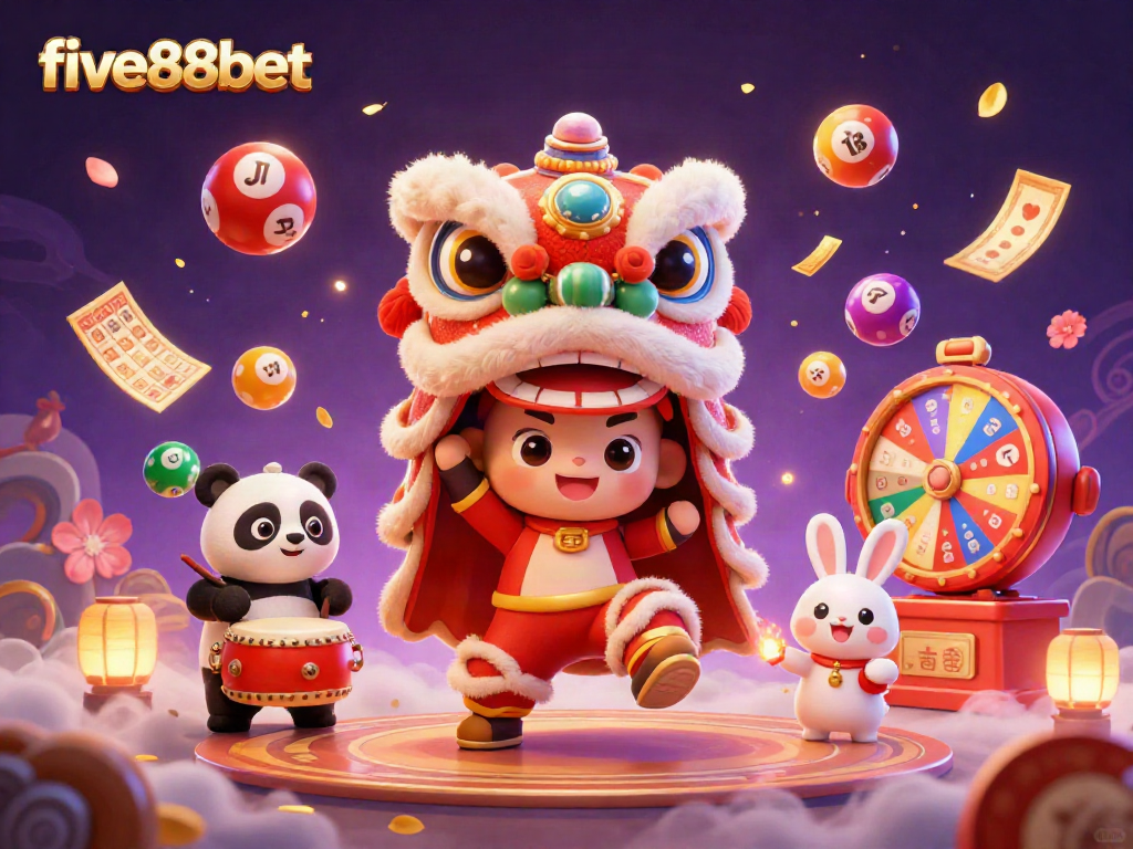 Experience the vibrant world of five88bet with festive characters surrounded by exciting casino elements.