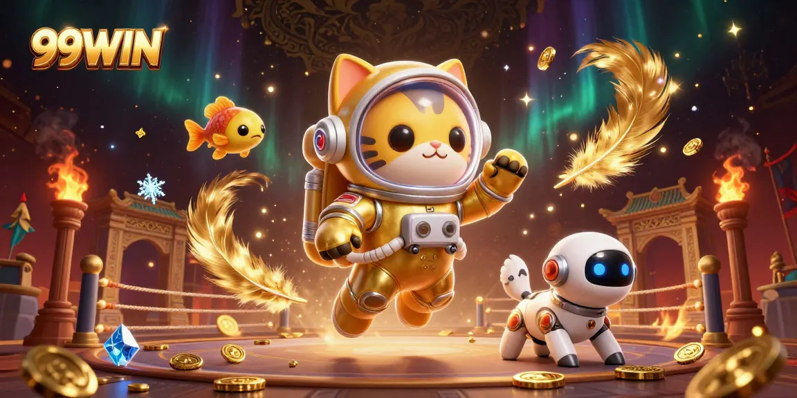 Engage with the thrilling world of 99WIN as an astronaut cat and robot dog explore a vibrant cosmic casino.