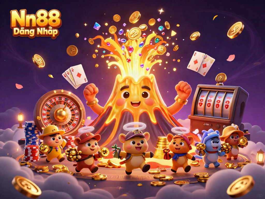 Capture a thrilling moment in gambling with Nn88 Đăng Nhập showcasing a golden volcano erupting treasures in a lively casino scene.