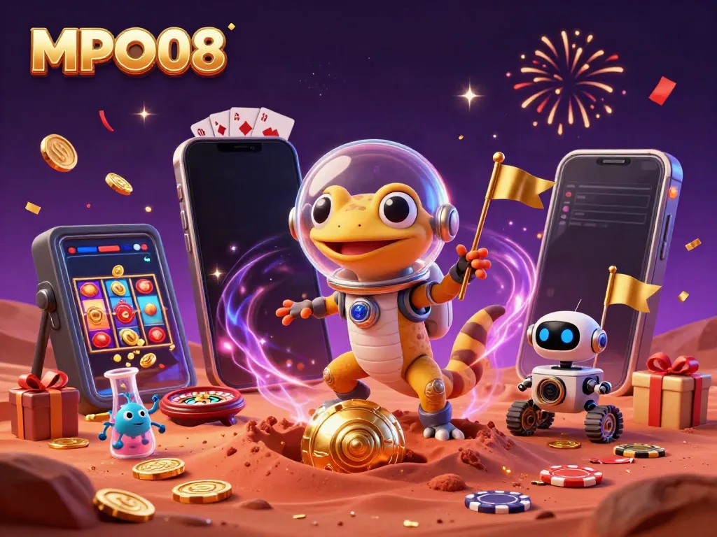 Experience the thrill of MPO08 with a Martian gecko discovering a golden casino under Mars sand, surrounded by sparkling game elements.