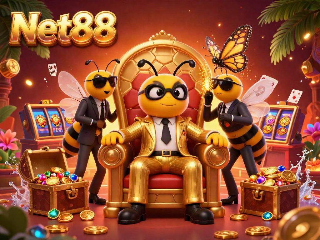 Experience the thrilling atmosphere of Net88 casino with a 3D scene showcasing a cartoon bee mob boss and wasp bodyguards.